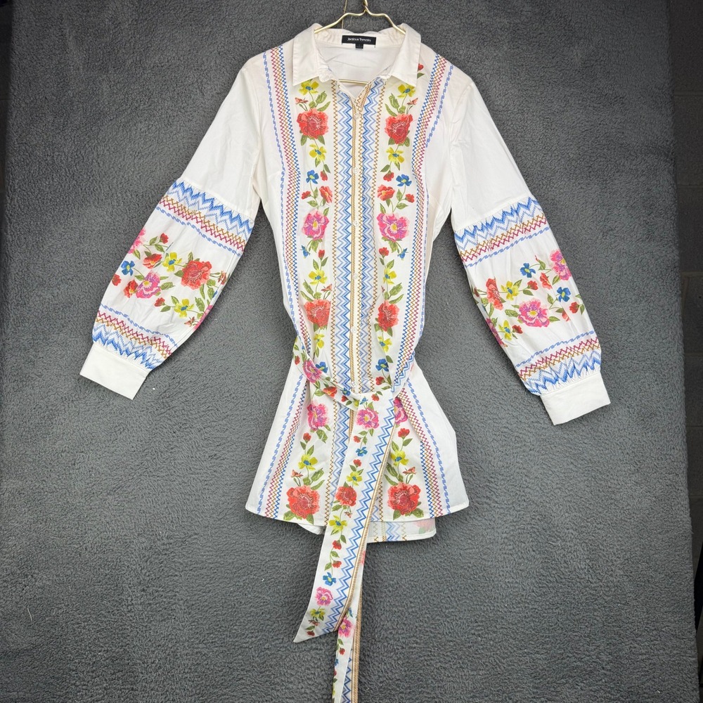 Jealous Tomato Womens White Floral Embroidered Belted Long Sleeve Mini Dress L
